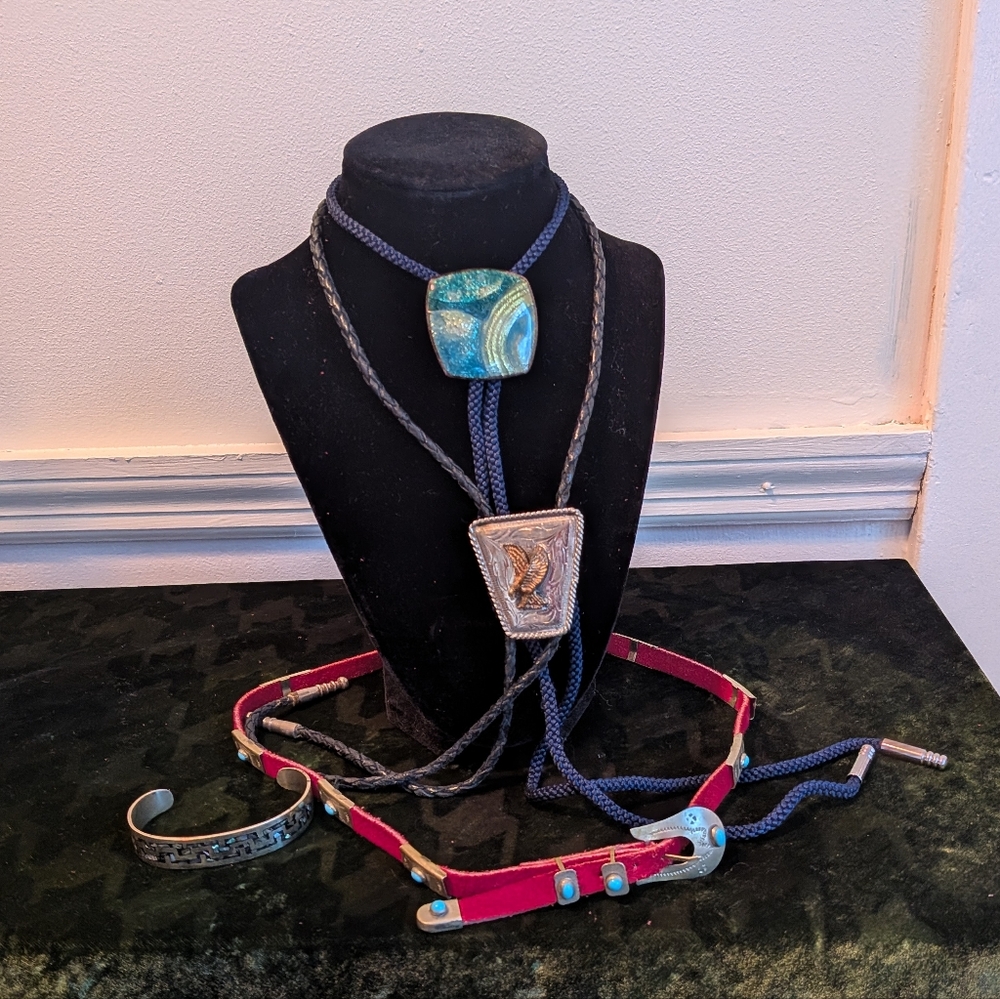 Vintage Southwestern Style Jewelry Lot - Bolo Ties, Mini Belt And Cuff bracelet